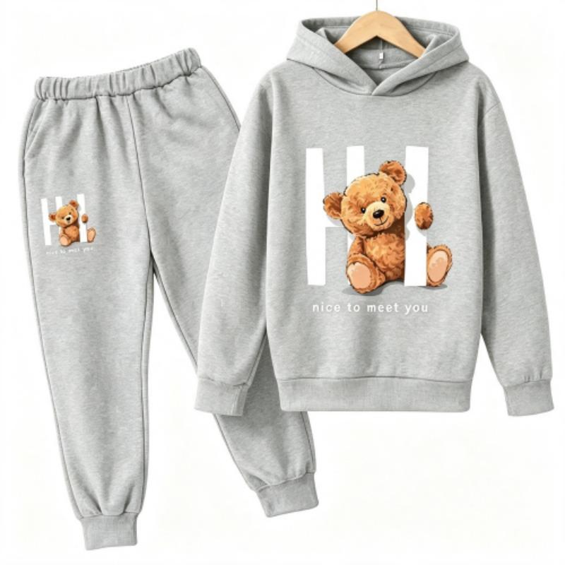 Spring Autumn Fashion Kawaii Anime Cartoon Teddy Bear Print Kids Pullovers Pants 2-piece Set Street Casual Fashion Hoodies Vintage Boy's Girl Clothes