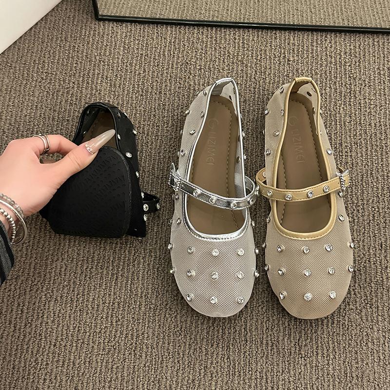 Fashion New Popular Women's Flat Shoes Mesh-edge Upper Rhinestones Soft Soles Shoes Women Dress Breathable Fairy Style Zapatos De Mujer