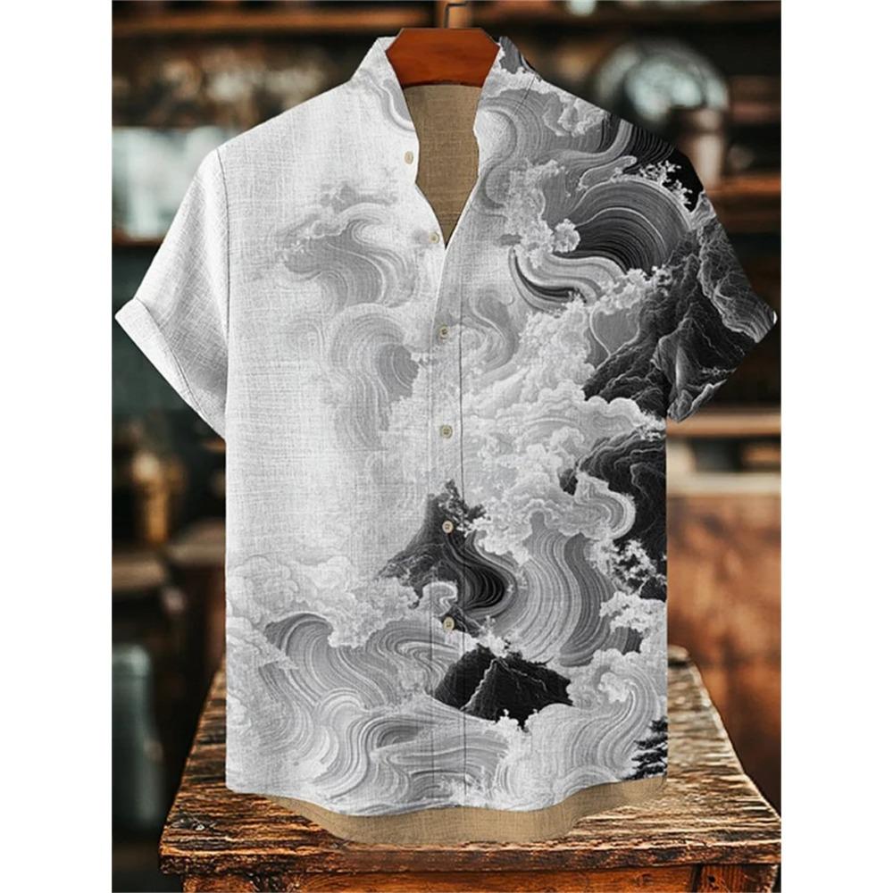 Camicia da Uomo a Maniche Corte con Stampa Ondulata, Design alla Moda, Top Estivo da Uomo, Camicia Hawaiana Casual Trendy per le Vacanze