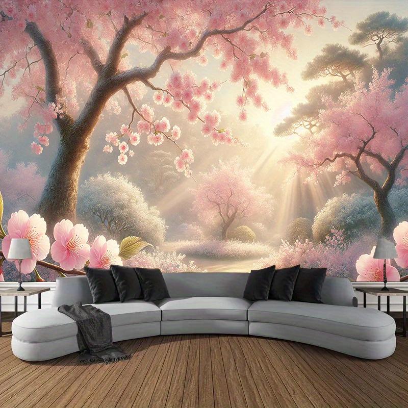 Cherry Blossom Tapestry  Serene Spring Landscape with Sunlight for Home Decor Ideal Wall Art for Living Room or Bedroom