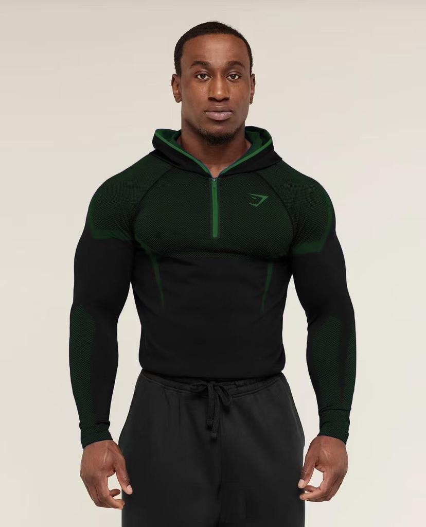 GYMSHARK Men's Onyx High Stretch Long Sleeve Hooded Fitness T-shirt