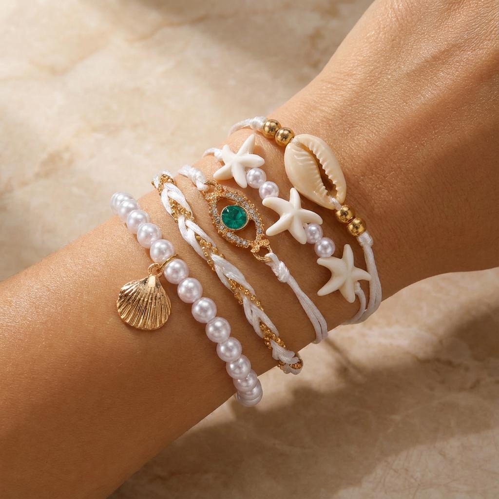 5 Stück/Set Bohemian Seestern Muschel Muschel Armbänder für Frauen Ethnischer Stil Imitation Perle Zirkon Perlen Armreifen Strand Schmuck