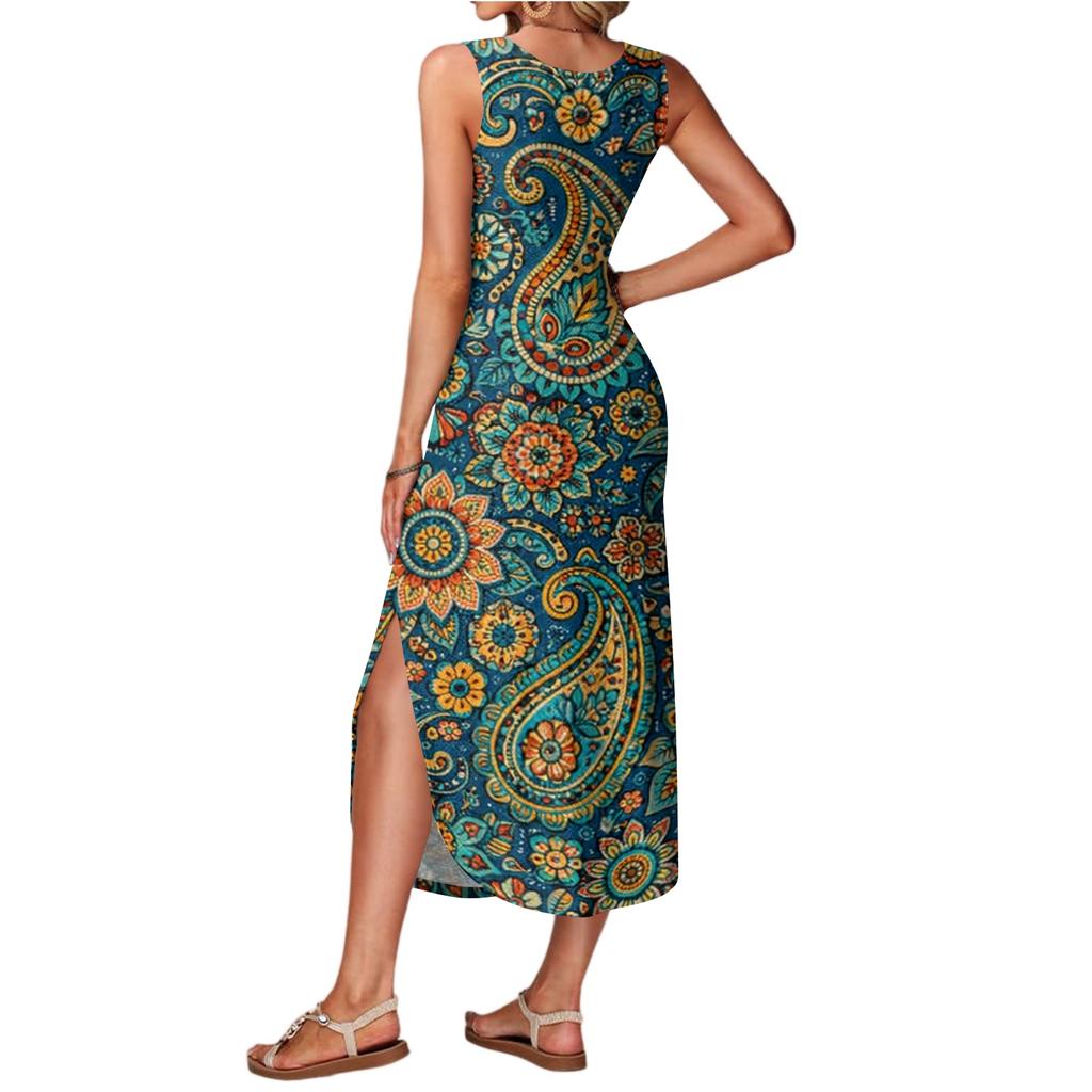 Women's Summer Long Dress, Sleeveless With Side Slits, Long Retro Printed Camisole Dress