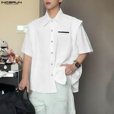 Oversized Men Lapel Neck Short Sleeve Fake Two-piece Casual Shirts Tops