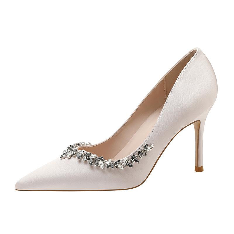 New champagne pointed rhinestone trimmed high heels women's thin heels sexy and beautiful light mouth single shoes