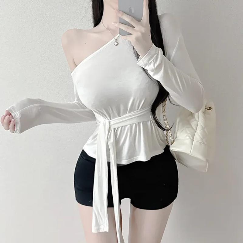 Korean Dongdaemun Slim Fit Strappy Off-Shoulder Long Sleeve Women's T-Shirt