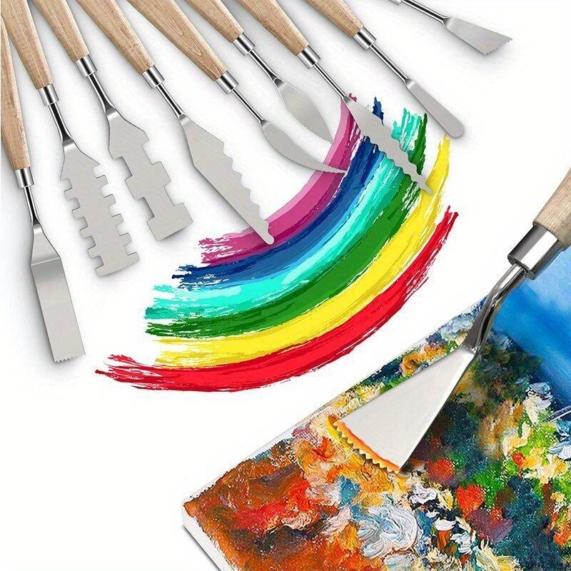 10Pcs/Set Painting Knives with Wood Grip Handle Stainless Steel Palette Knife Set Oil Painting Metal Knives Color Mixing Scraper