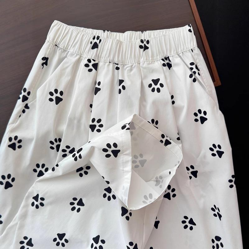 White Dog Paw Printed Milk Fu Wide-leg Pants Women's Summer Thin New Small Drape Ice Silk Yamamoto Pants