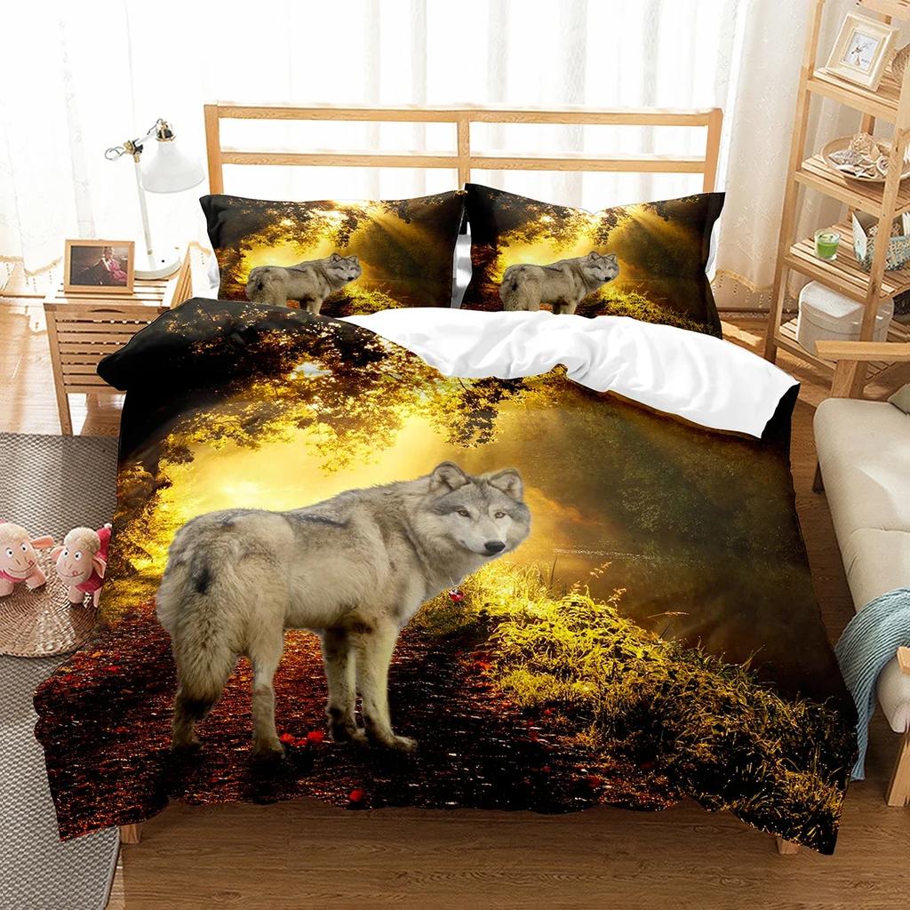 Boys Wolf Duvet Cover Set Queen Size Boho Wolf Wildlife Forest King Animal Bedding Set Polyester Quilt Cover With Pillowcase