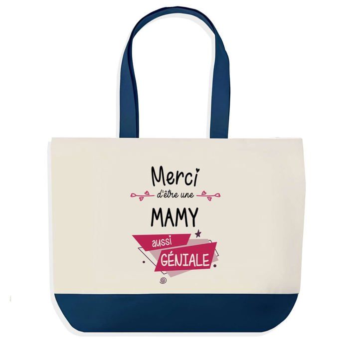 Tote bag - PLANETEE - Merci Mamy Géniale Mamie - fond bleu - coton 40x45 cm - Fabriqué en France