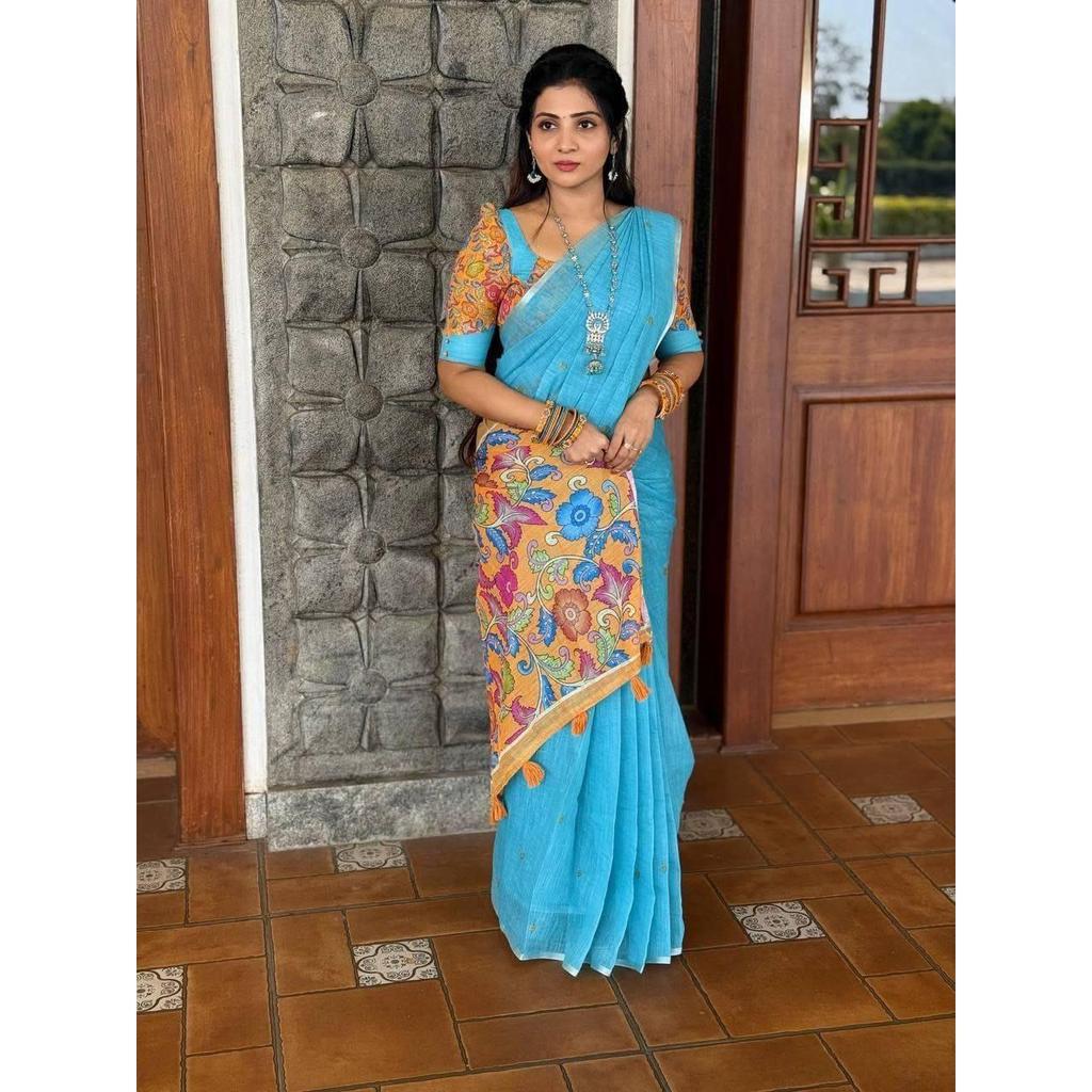 Sari en lin avec bordure jari argentée