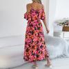 Women's Fashionable Off Shoulder Cross V-neck Flower Short Sleeve Printed Strap Holiday Dress