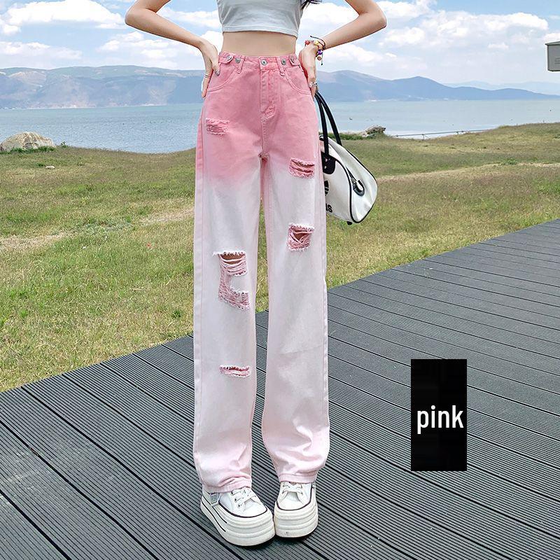 Women's Summer 2026 High Waist Slimming Loose Denim Jeans - Trendy Gradient & Ripped Style