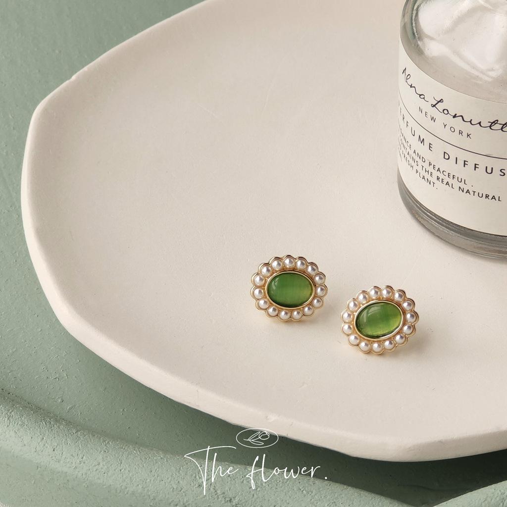 ins French Romantic Oval 925 Silver Needle Plated 14K Inlaid Glass Opal Stud Earrings Tea Earrings Earrings