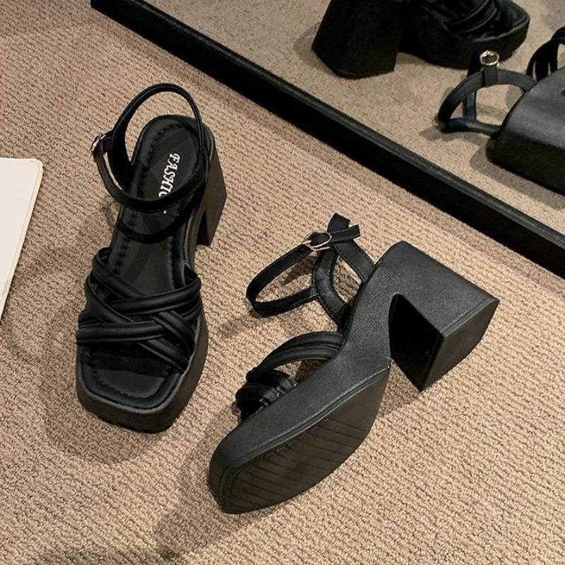 Buckle square head platform sandals summer new square heel open toe cross with high heel sandals women