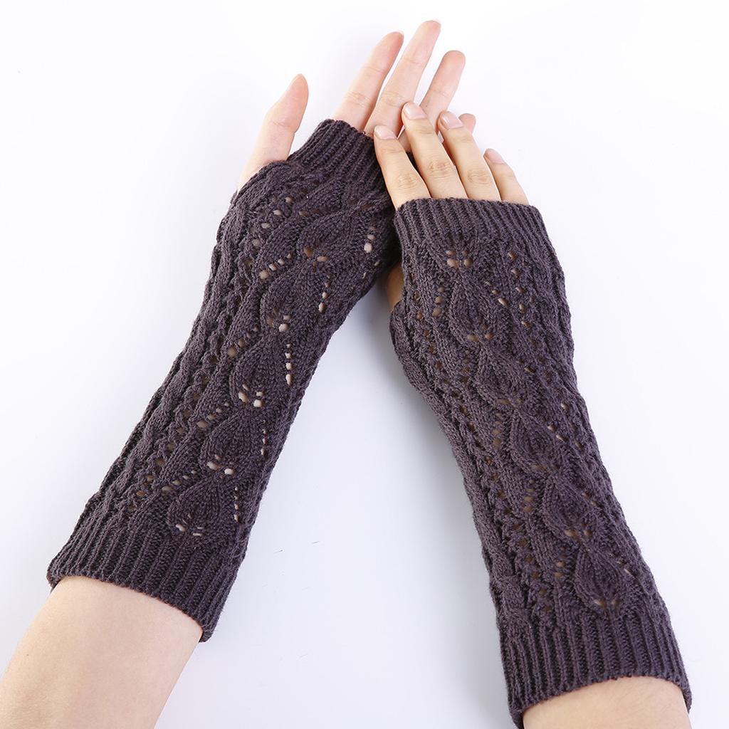 Hollowed Out Leaf Fingerless Gloves for Women's Autumn and Winter  New Mesh Warm Knitted Woolen Half Finger Arm Covers