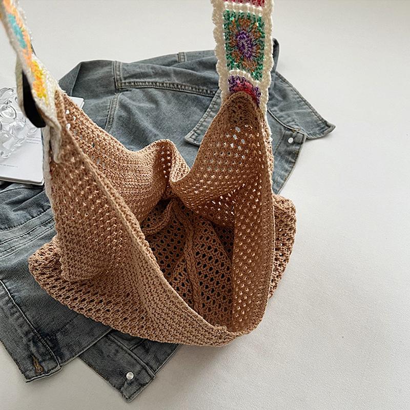 Large Capacity Crochet Tote Bag Ethnic Style Hollow Out Woven Bag Embroidered Strap Knitting Handbag For Female Travel AVE