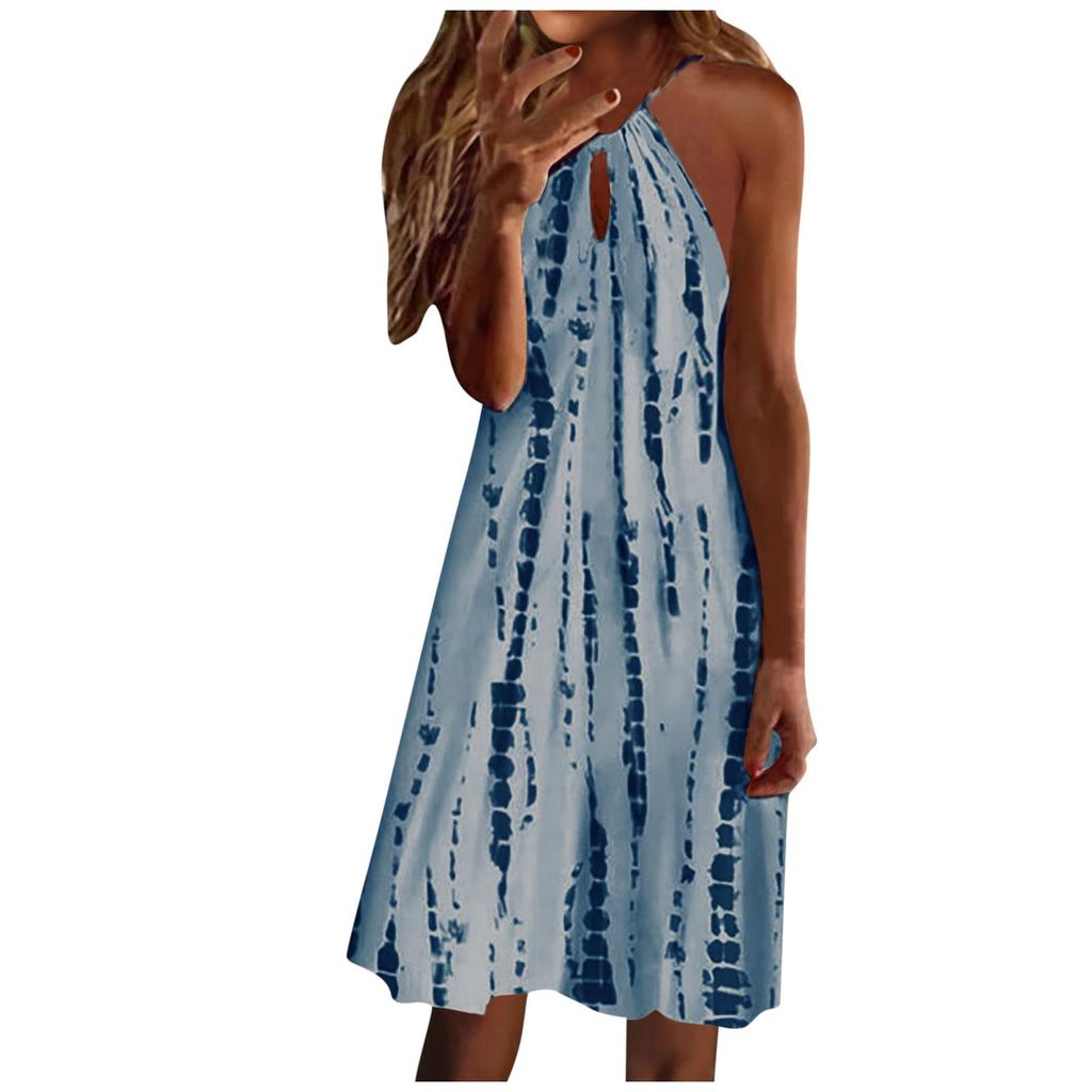Ladies Sexy Fashion Neck Sleeveless Tank Top Dot Stripe Print Dress