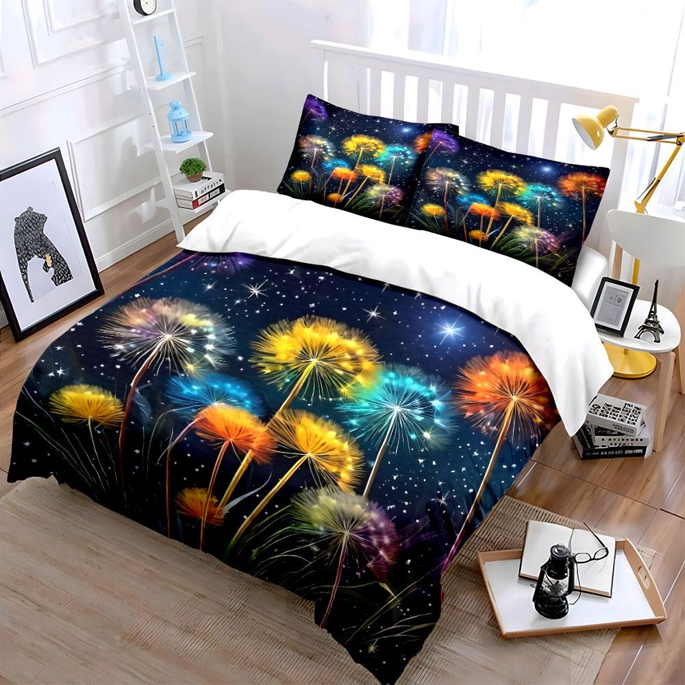 "Colorful Dandelion Starry Night Decor" Bedding Set with 1 Duvet Cover 2 Pillowcases Single Double King Queen, Gift