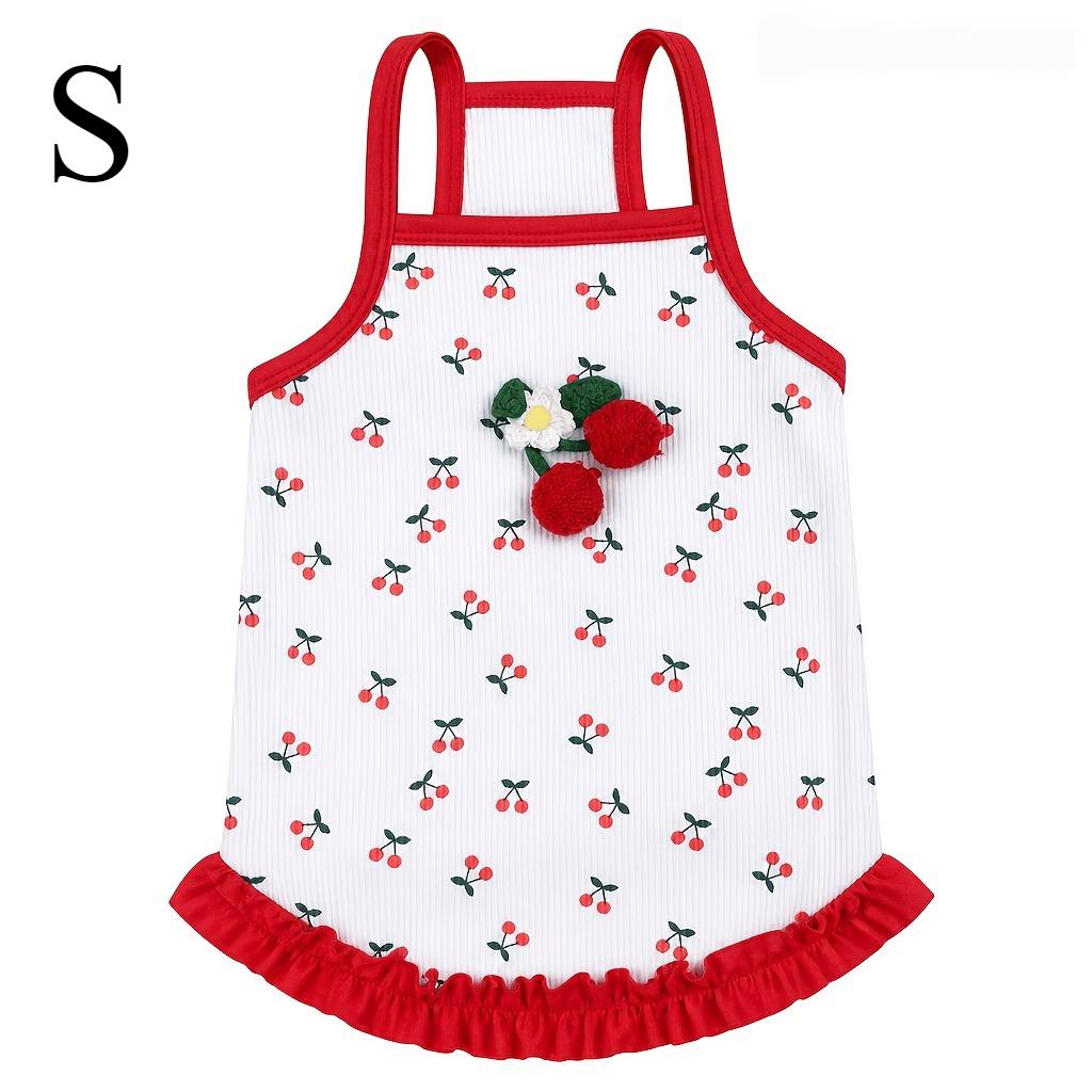 1Pc Pet Outfit, White Vertical Ribbed Sleeveless Camisole Vest with 3D Cherry Flower Red Ruffle Hem for Small Dogs and Cats