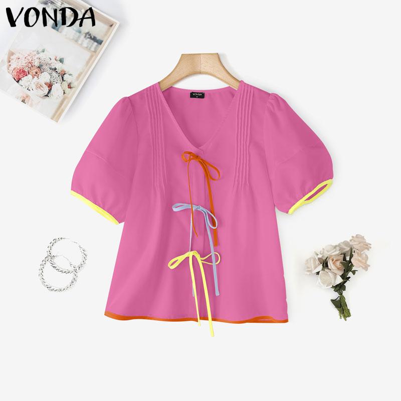 

VONDA Женская летняя блузка с V-образным вырезом, пышными рукавами, декоративной строчкой и бантом, повседневная, милая, короткая 3XL