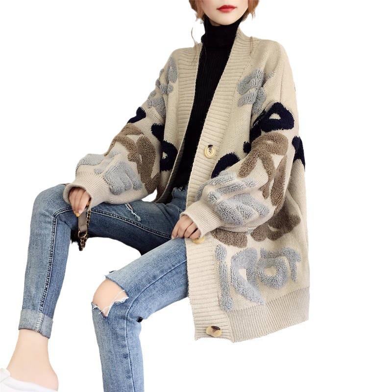 Spring Autumn Korean Style Loose Knit Cardigan - Letter Embroidery & Color Block Design
