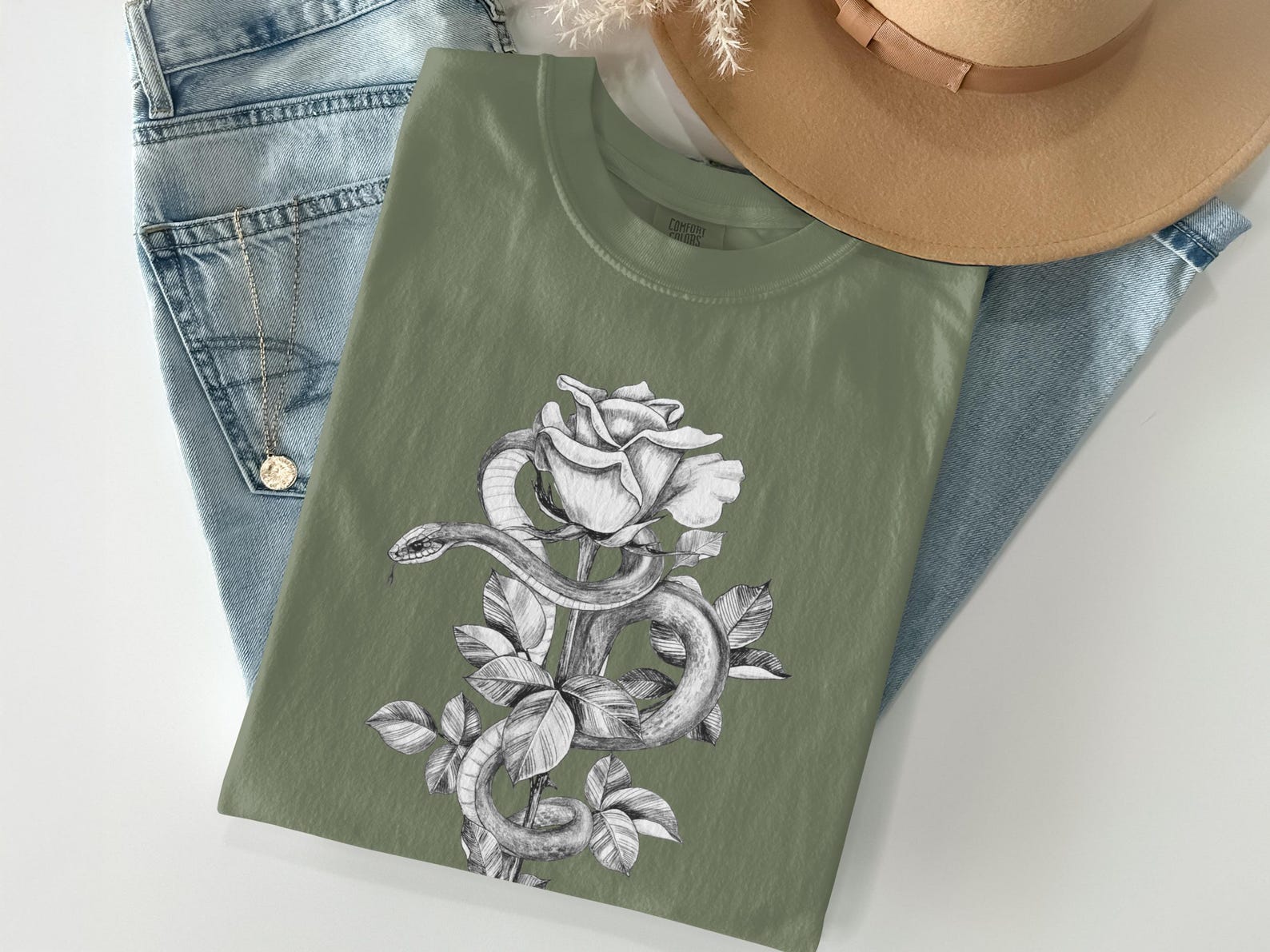 Gothic Snake Rose T-Shirt, Dark Academia Botanical Serpent Graphic Tee L