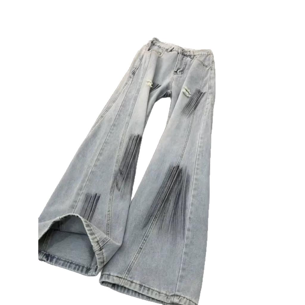 American High Street Ink-splashing Ripped Jeans Men's Spring and Autumn Loose Straight Wide-leg Pants Diagonal Cut Thin Pants