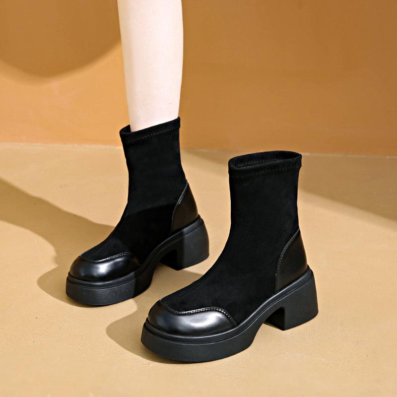 French thick heel thin boots 2025 autumn and winter new Korean version versatile medium tube black fashion boots short elastic boots