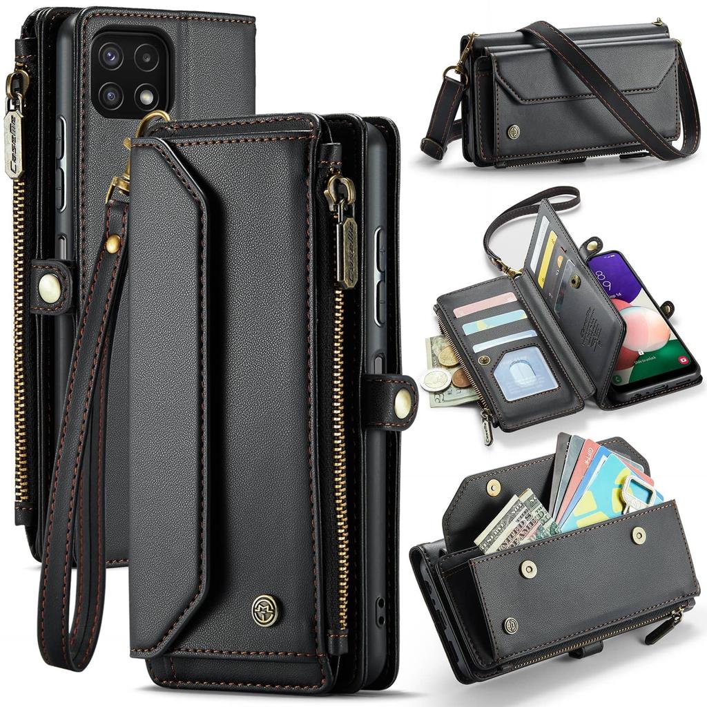 Crossbody for Samsung Galaxy A22 5G Case Wallet RFID Blocking with 10-Card Holder Zipper Bills Slot, Soft PU Leather Magnetic Shoulder Wrist Strap