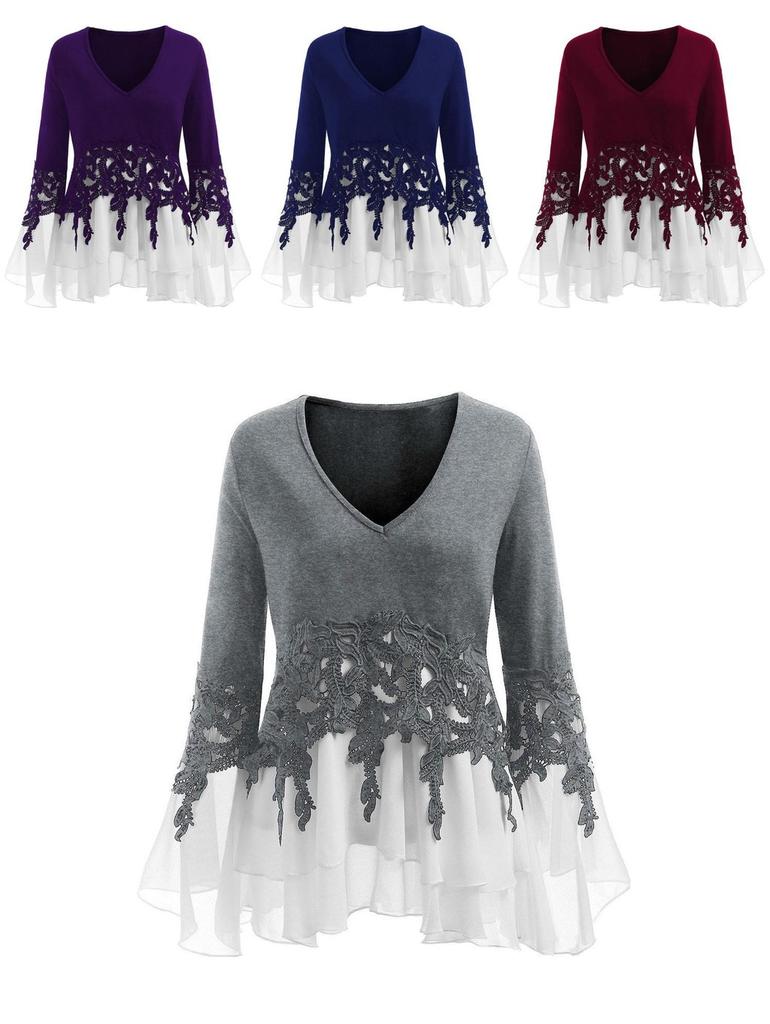 Elegant Women Ladies Long Sleeve V Neck Patchwork Tunic Tops For Casual Comfort