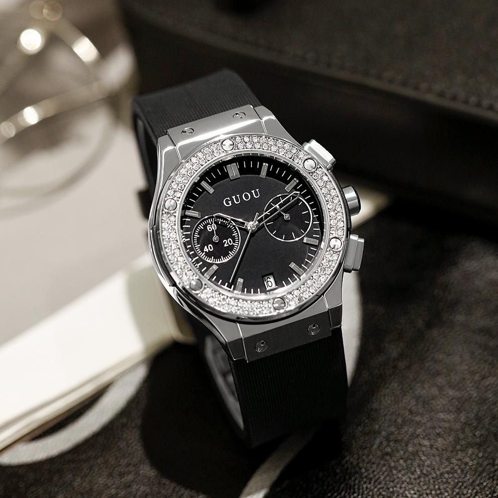 Montre tendance, personnalité, cool, élégante, grand cadran, bracelet en silicone, autoritaire, strass, montre femme