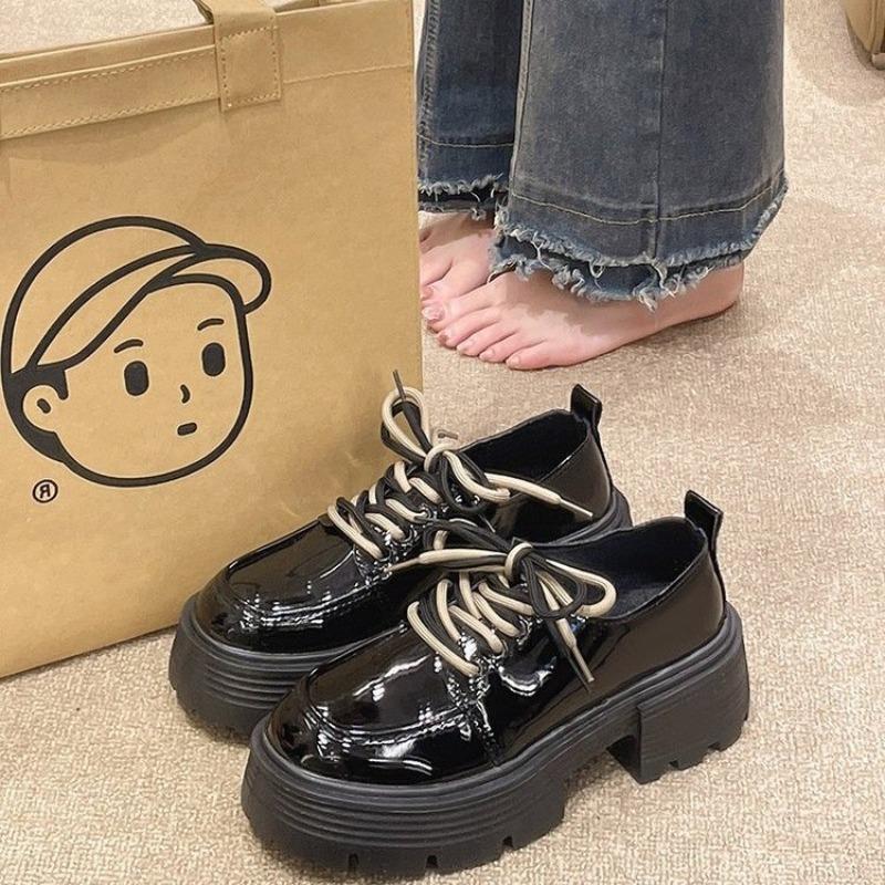 Thick heel thick sole heightened lace-up small leather shoes for women's spring and autumn new models plus versatile retro single shoes