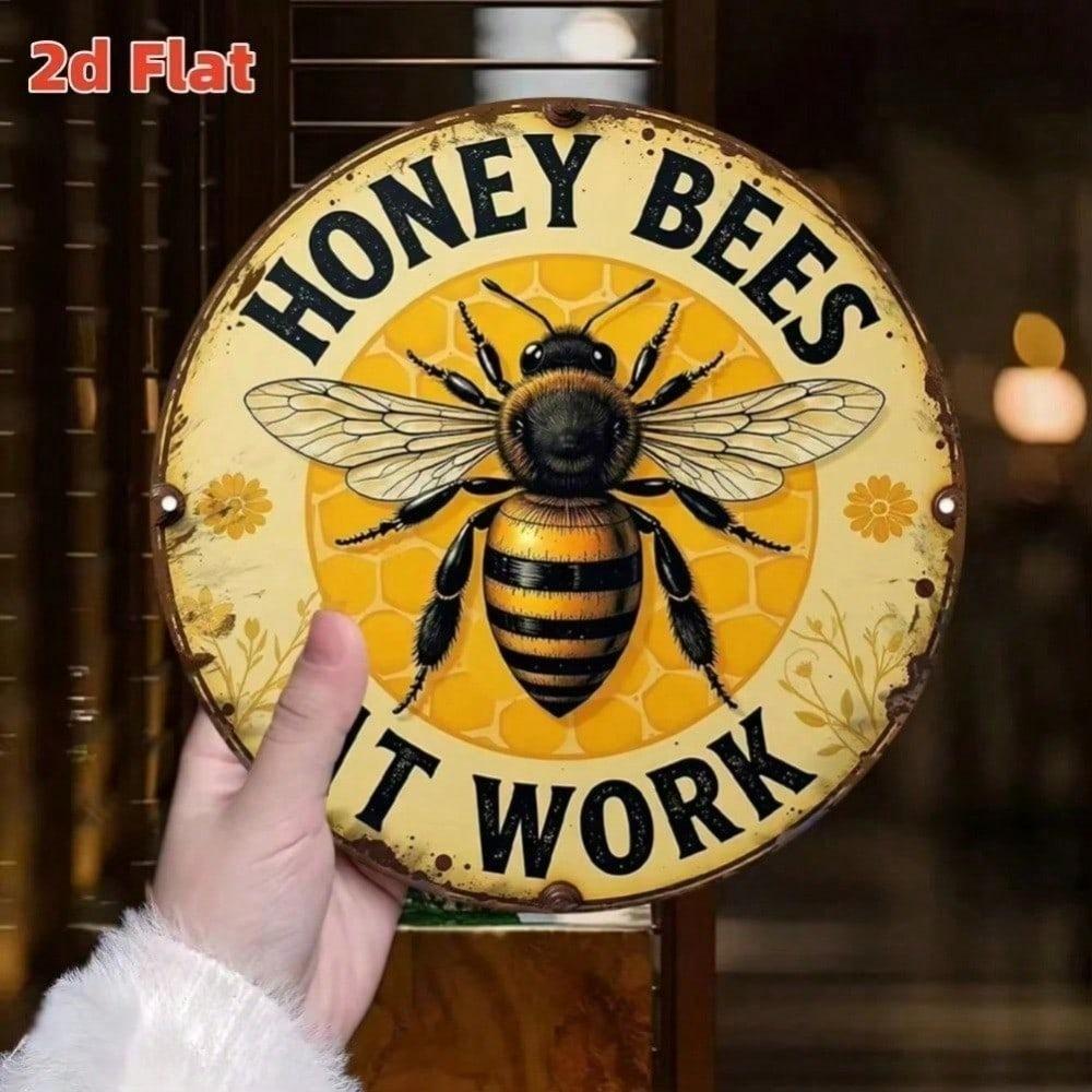 Bees Rustic Metal Wall Art Decor 2D Round Honey Bee Sign Weather Resistant For Indoor Outdoor Farm House