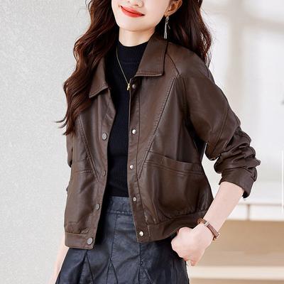Leather Jacket Women's Short Fashion Foreign Style Small Leather Jacket Brown