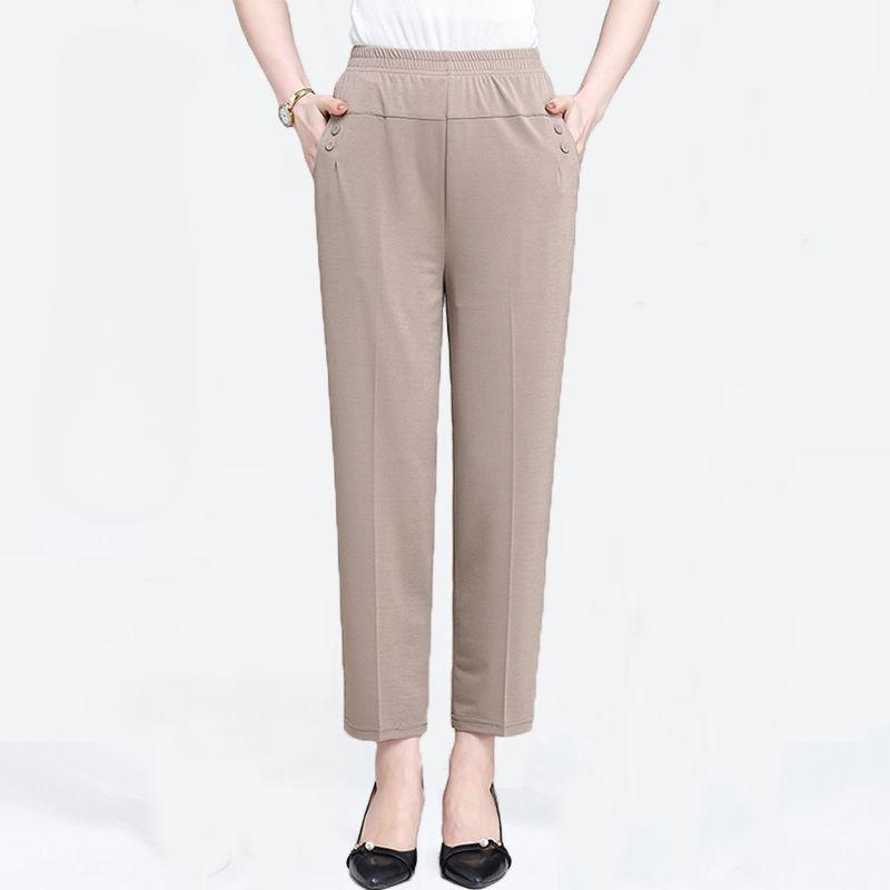 Sommer Eis Seide Dünne Freizeithose, Lässige Gerade Neun-Zoll-Hose, Lockere Hochtaillierte Elastische und Engtaillierte Damen-Hose M beige