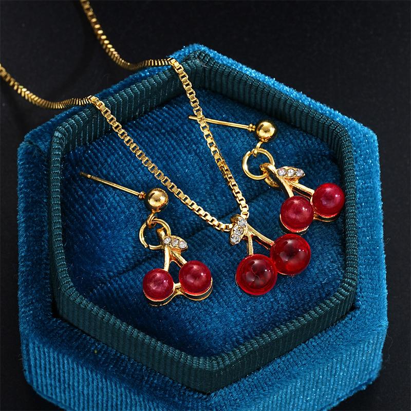 Red Cherry Pendant Necklace Stud Earrings Set Women'S  Fruit Necklace Earrings Jewery Set For Party Wedding Girls Gifts