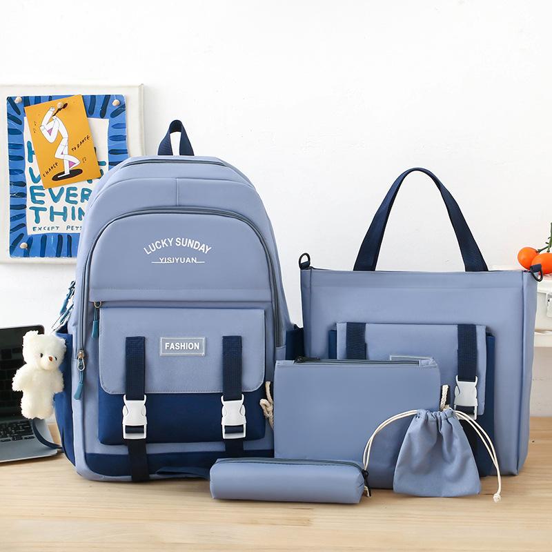 Simple Schoolbag Women's Lightweight Large-capacity Backpack, Primary School Junior High School Portable Make-up Backpack Five-piece Set