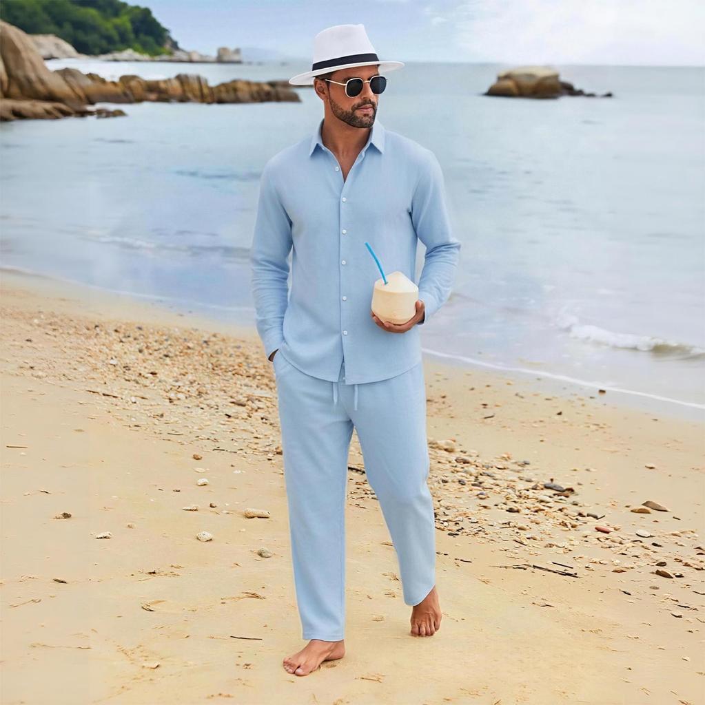 Men's Linen Relaxed Fit Long Sleeve Shirt and Pants Beach Set for Summer
