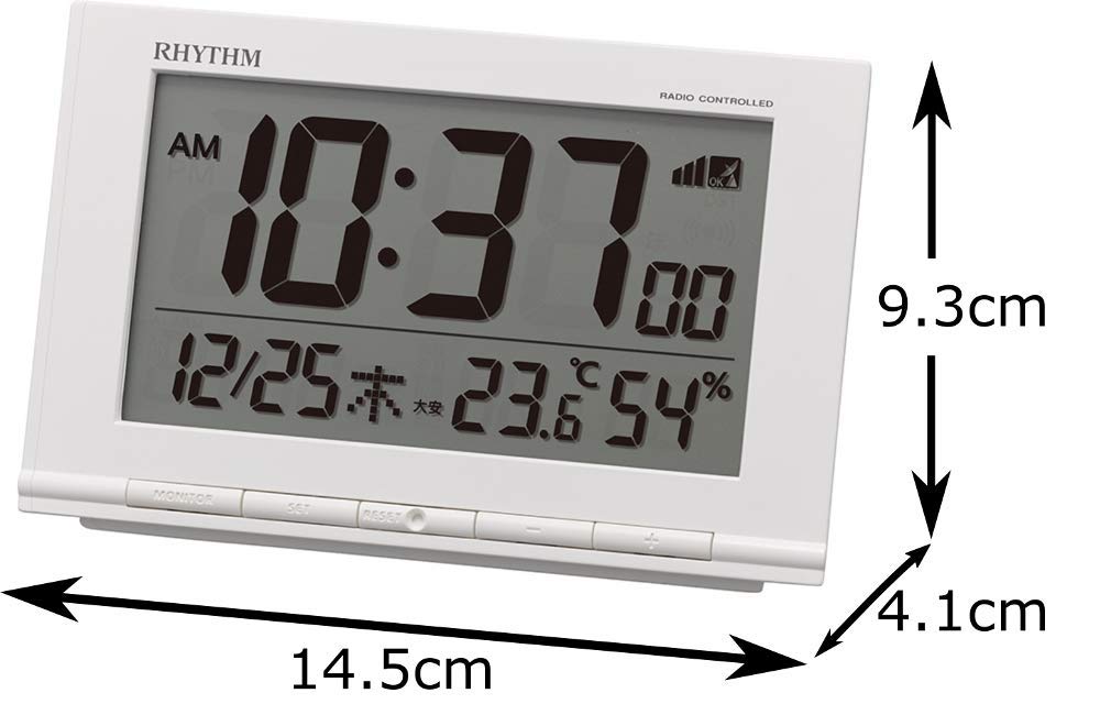 RHYTHM Fitwave D193 Alarm Clock with Thermometer and x x 8RZ193SR03 Radio-Controlled Hygrometer, White, 9.3 14.5 4.1 cm,