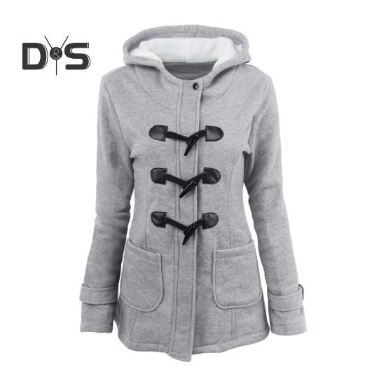 

Осенне-зимнее пальто с боковыми карманами, однотонный капюшон с застежкой на роговые пуговицы, длинный рукав, толстая плюшевая куртка, повседневная верхняя одежда для школы и поездок на работу M светло-серый