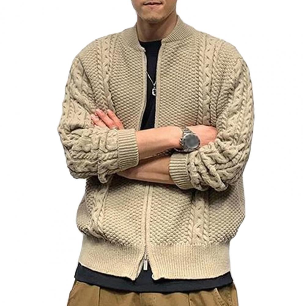 Осень-зима мужской свитер кардиган круглый вырез вязать толстый эластичный длинный рукав свободный теплый однотонный трикотаж на молнии повседневная одежда Sw M хаки 3378₽