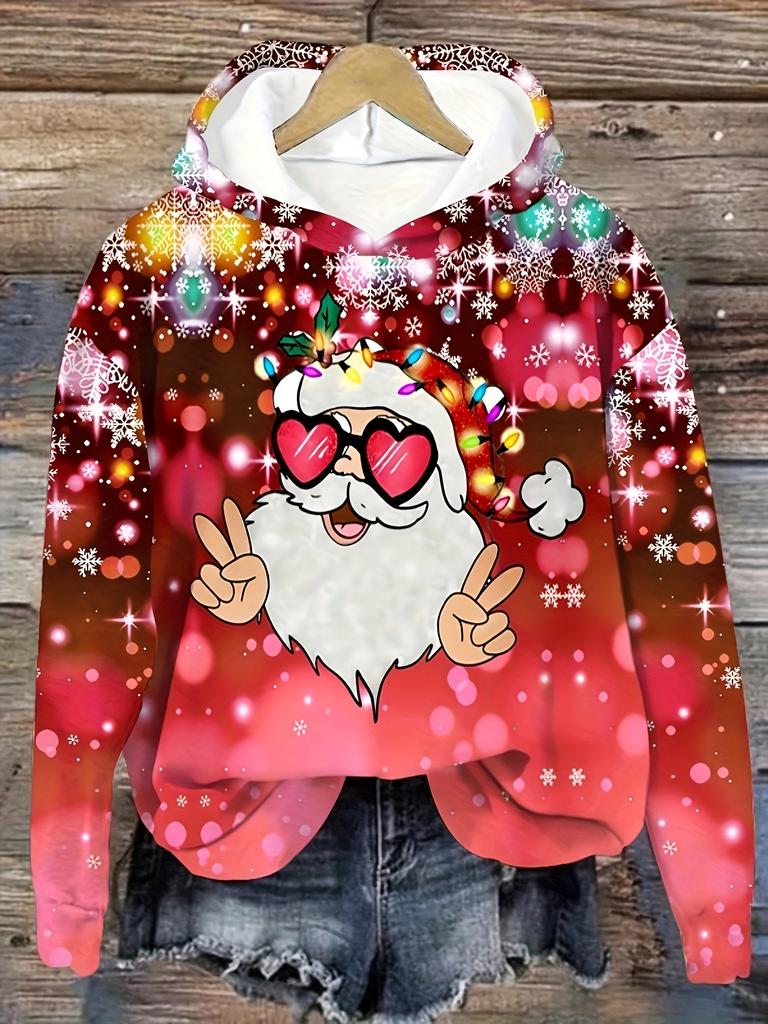 Women's Holiday Christmas Hoodie - Casual Long Sleeve Santa Print, Comfortable Polyester Blend, Machine Washable, Best Christmas Choice