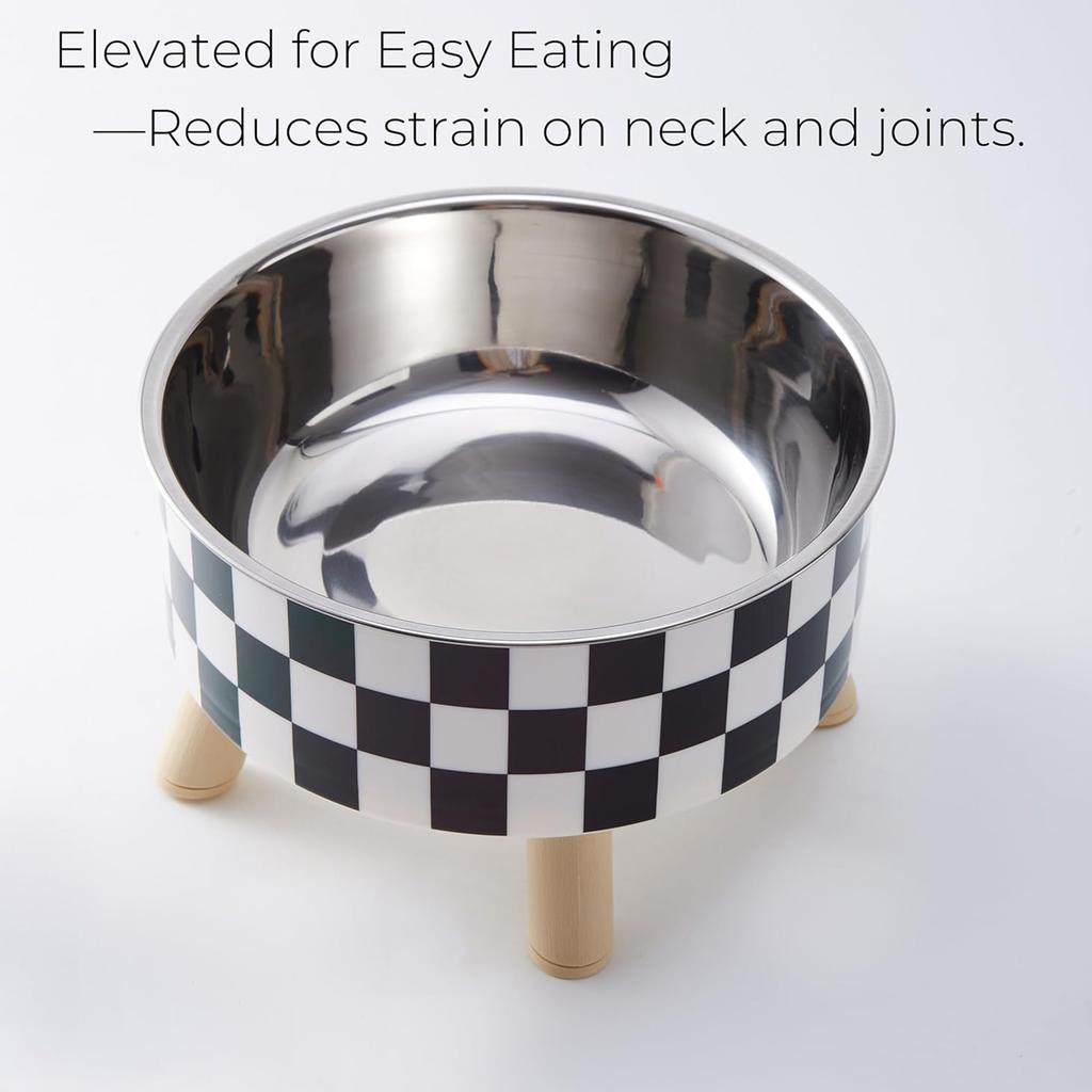 Stainless Steel Elevated Pet Bowl With Non Slip Base Checkered Design For Dogs Cats Durable Anti Corrosion Easy Clean Modern Home Decor