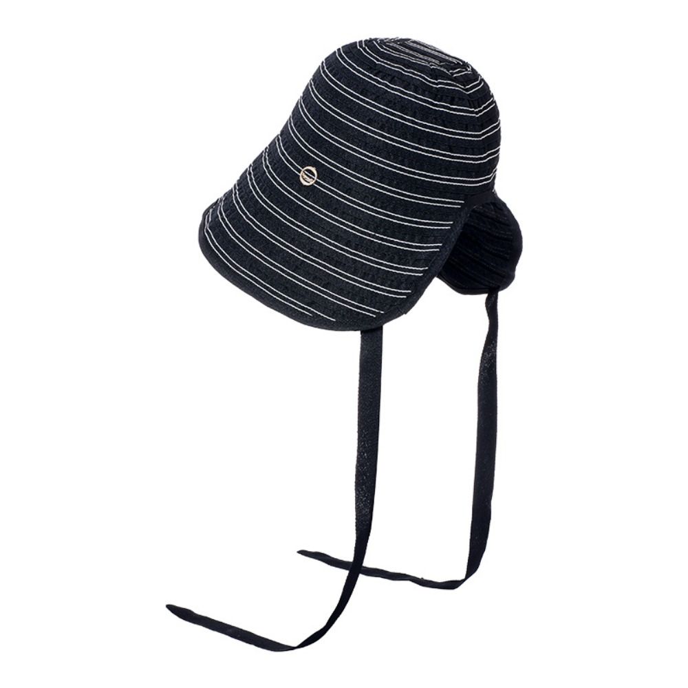 Solid Color Women Striped Fisherman Hat Ribbon Sunshade Hat Casual Bucket Hat  Beach