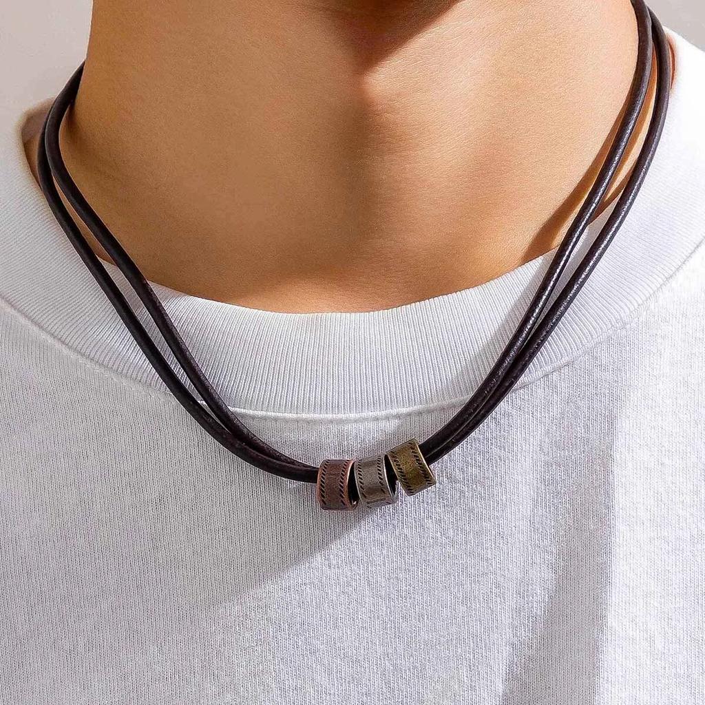 Simple Gun Black Color Wax Cord With Pendant Necklace for Men Small Round Rings Charm Choker Jewelry Collar Party Street