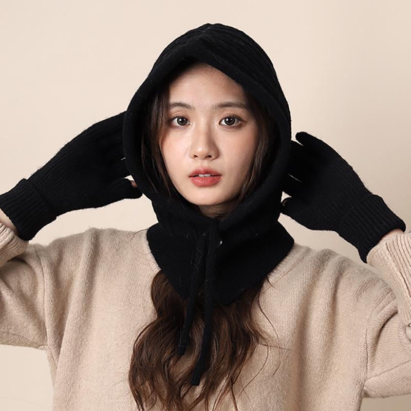 Vintage Red Balaclava Hat Women's Winter Warm Gloves Scarf Integrated Couple Ear Protectors Wool Knitted Hat