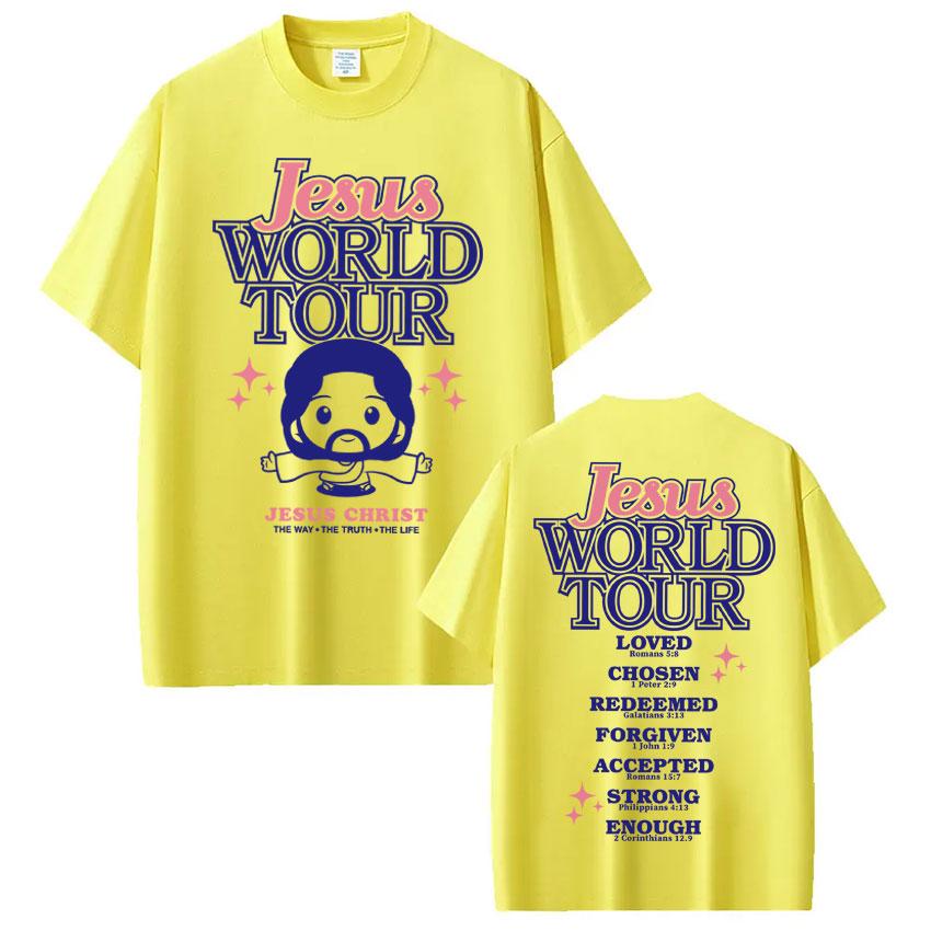 Funny Jesus World Tour Print T Shirt Men Women Fashion Christian Bible Verse Tshirts Oversized 100 Cotton Casual Short Sleeve