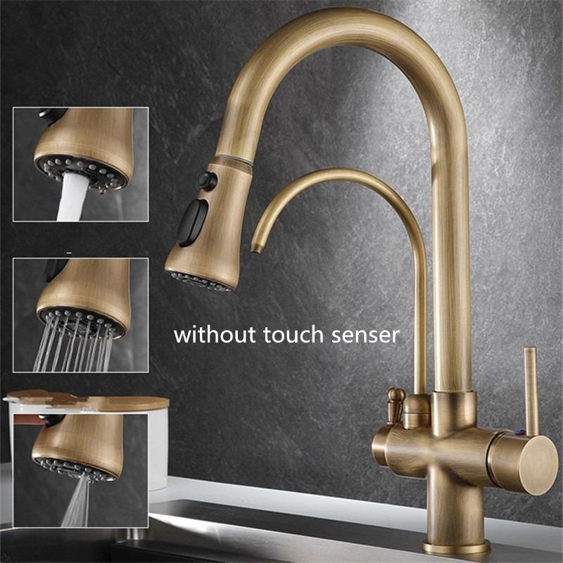 

Antique Pull Out Kitchen Faucet Solid Brass Crane Kitchen Deck Mounted Water Filter Tap Sink Faucet Mixer 3 Way Kitchen Faucet