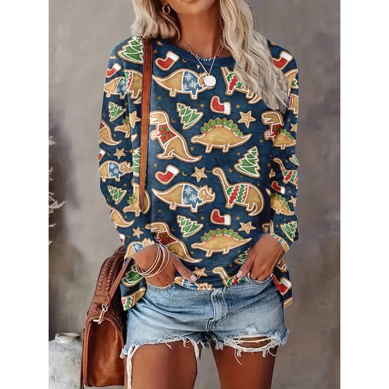 Womens Loose Fit Long Sleeve Round Neck T-Shirt With 3D Dinosaur Christmas Tree Print Milk Silk Fabric